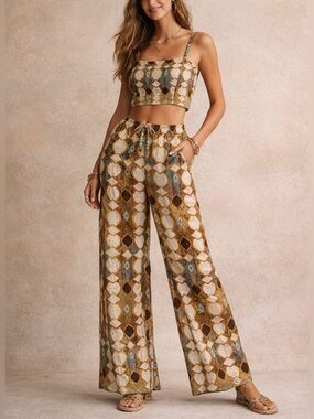 Joie Linen Blend Boho Two Piece Set Crop Top Wide Leg Pants L Resortwear Beaded